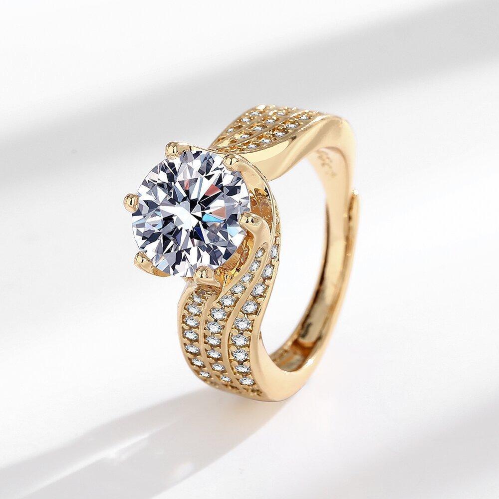 Gold-toned Ring with Large Sparkling Moissanite - Smaller Stones Embellished, Luxurious Design