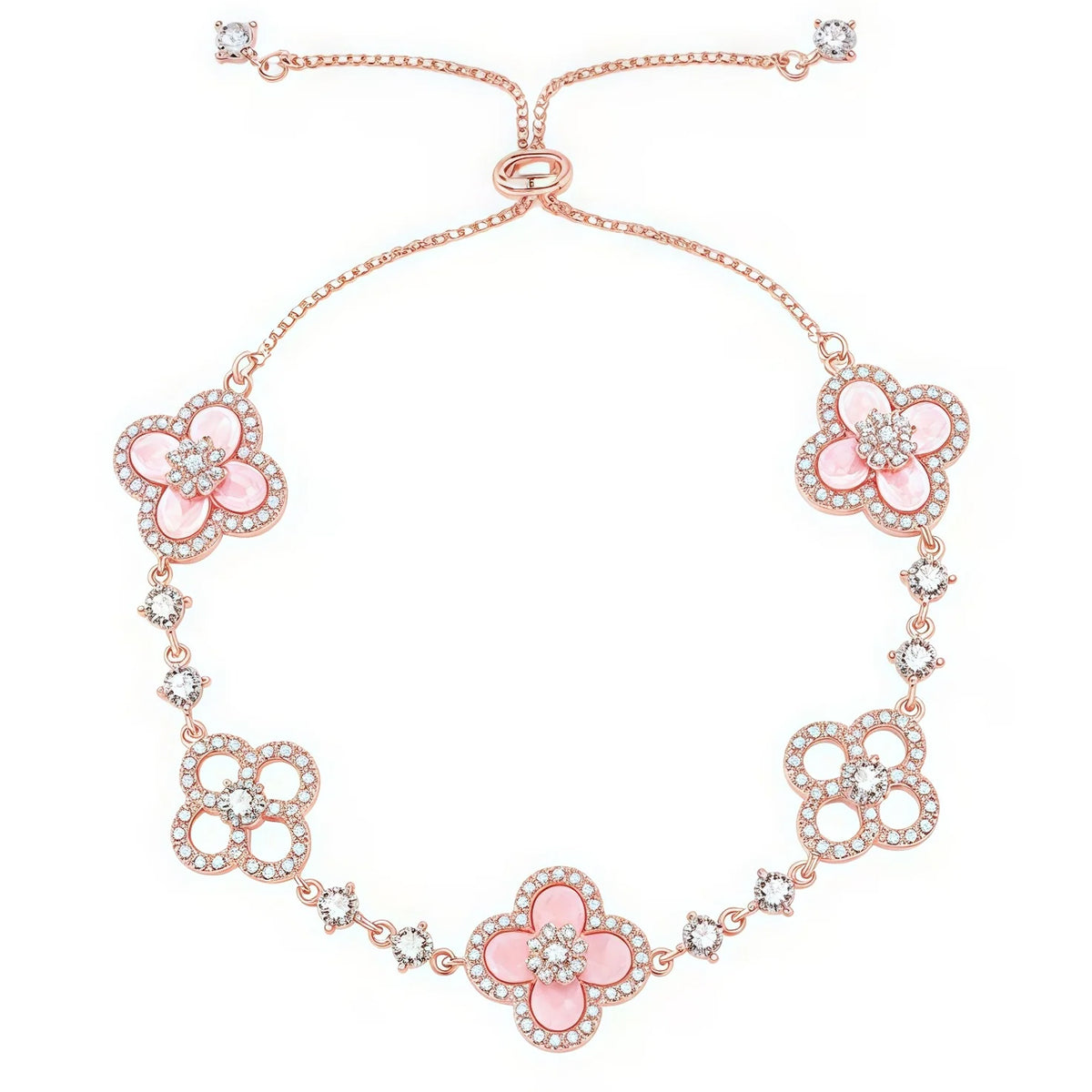 Pulsera ajustable Lucky Clover con cristales brillantes y eslabones florales de circonita, chapada en oro rosa. Joyas delicadas para mujer, un regalo glamuroso para el día a día.