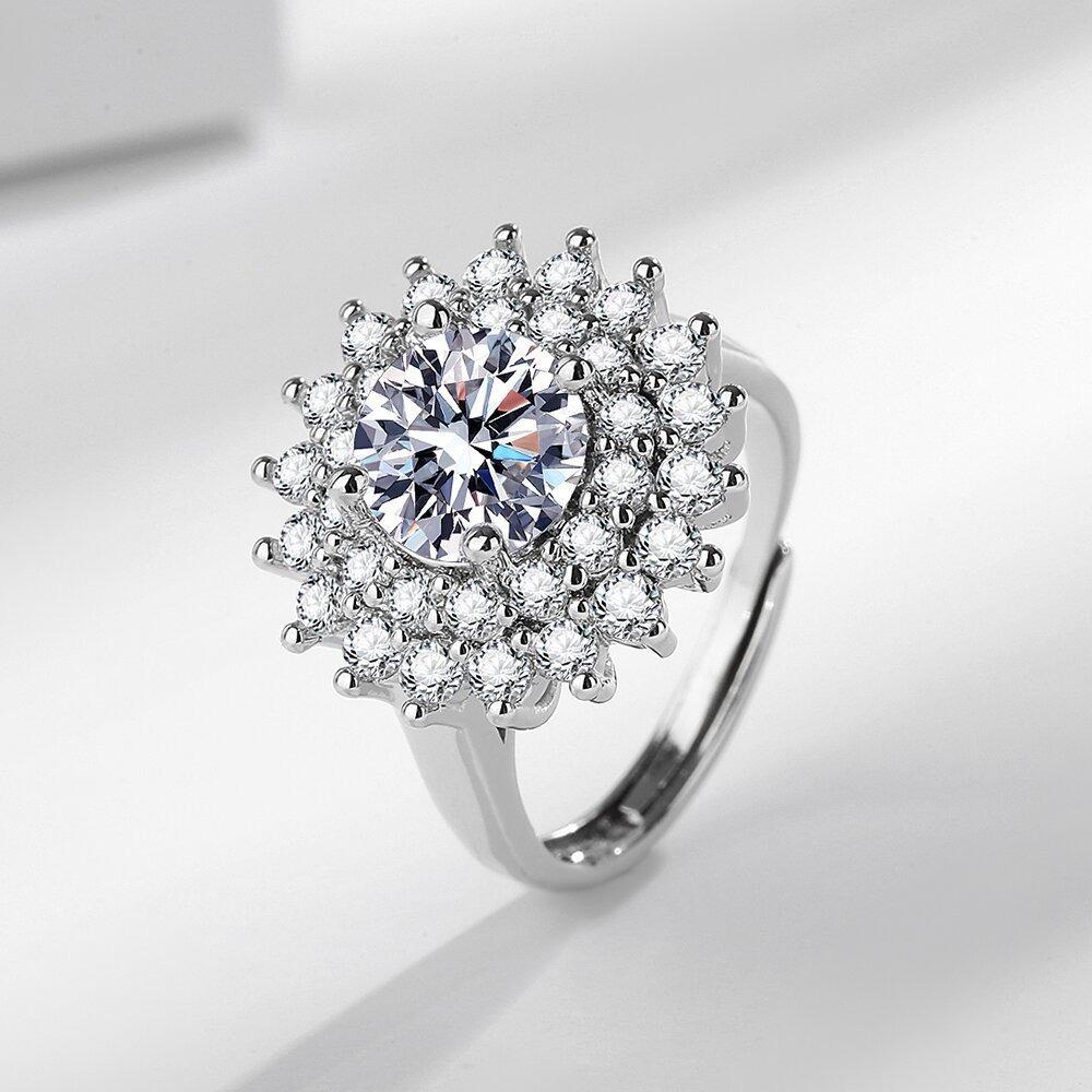 Anillo ajustable de moissanita de girasol de 2 quilates, corte H&amp;A, en plata de ley 925 sin níquel, joyería ligera.