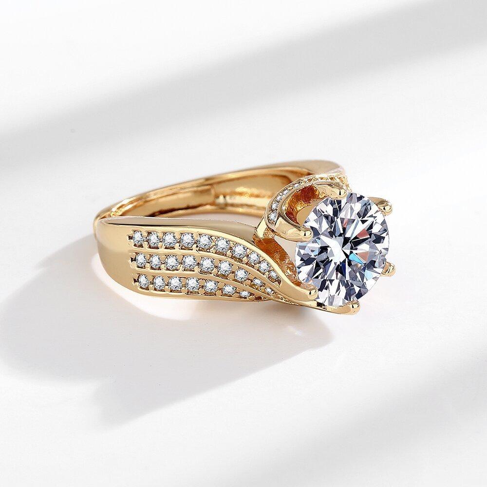 Gold-toned Ring with Large Sparkling Moissanite - Smaller Stones Embellished, Luxurious Design