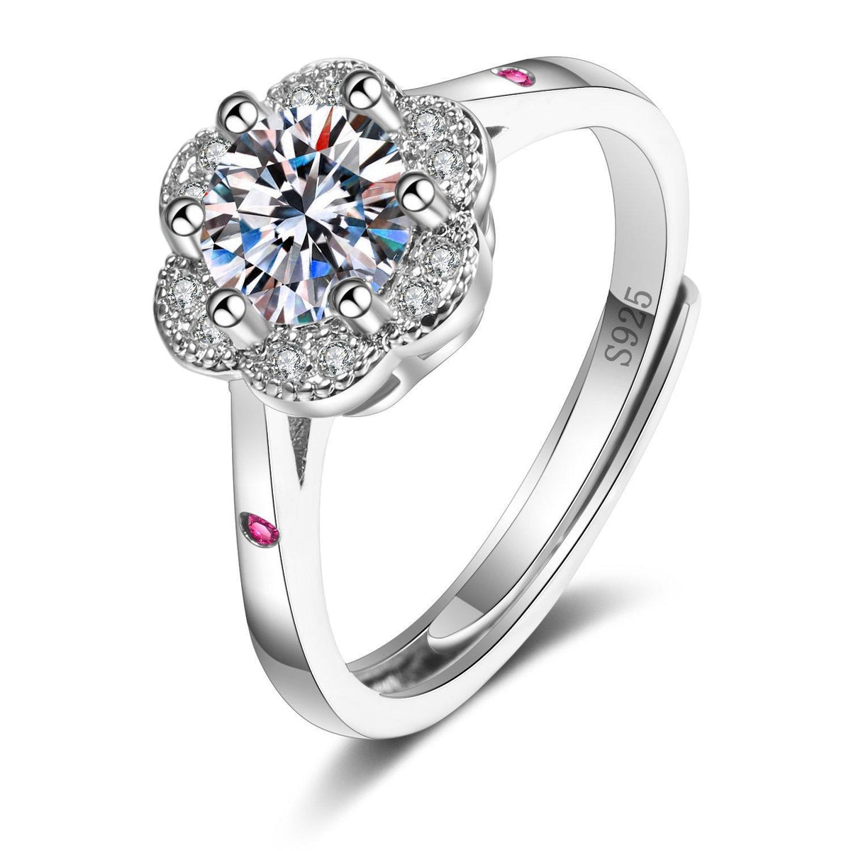 Adjustable 1-Carat White Moissanite Ring for Women - 2.47g, Sparkling Detailing with Pink Stones